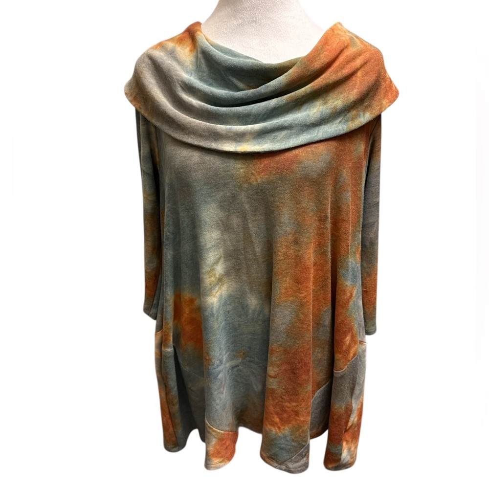 Last Tango Orange and Blue Tie-Dye Cowl Neck Sweater